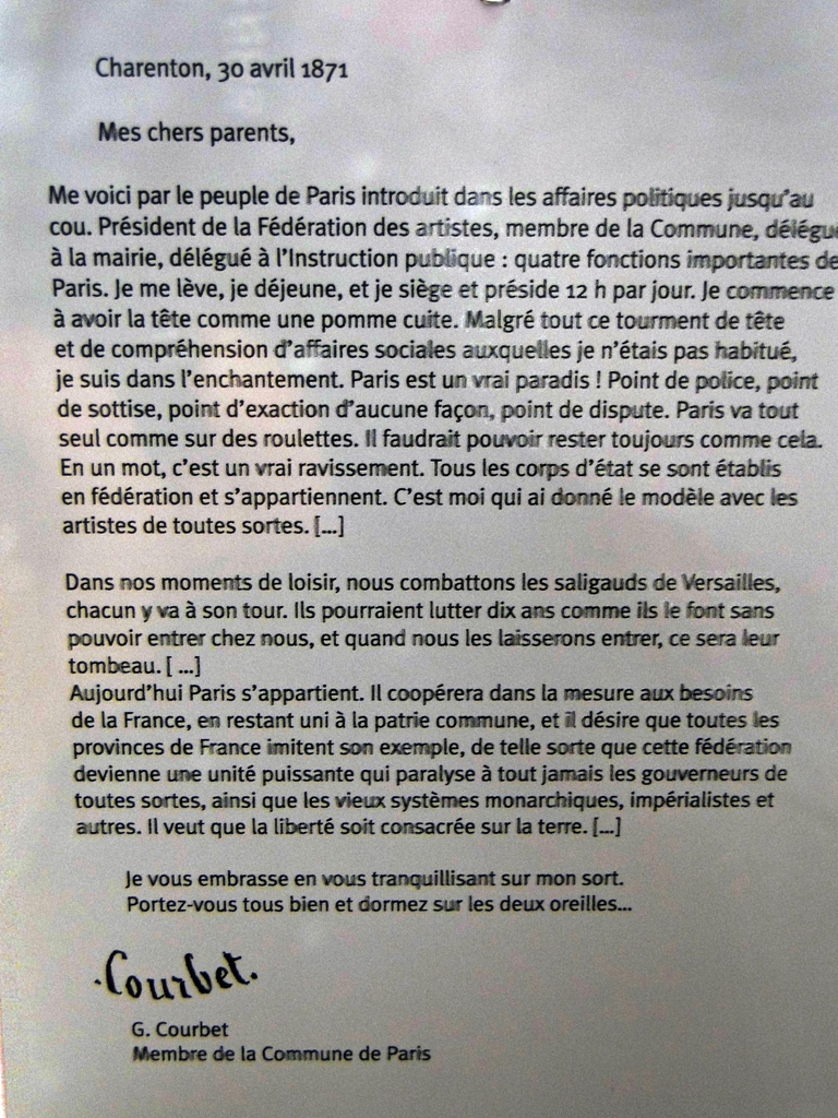 Lettre du communard Gustave Courbet à ses parents